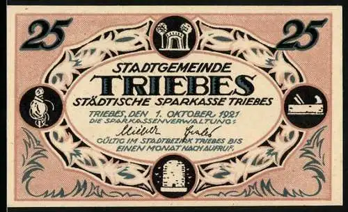 Notgeld Triebes 1921, 25 Pfennig, Bienenstock, Hobel, Tor