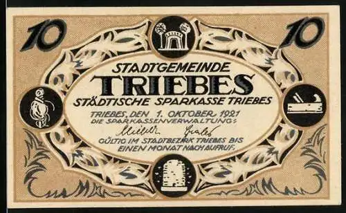 Notgeld Triebes 1921, 10 Pfennig, Bienenstock, Hobel, Tor