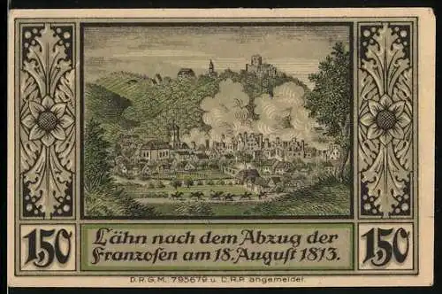 Notgeld Lähn im Riesengeb., 1,50 Mark, Teilansicht nach dem Abzug der Franzosen 1813