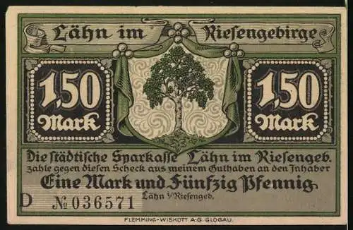 Notgeld Lähn im Riesengeb., 1,50 Mark, Teilansicht nach dem Abzug der Franzosen 1813
