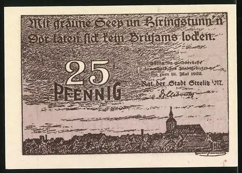 Notgeld Strelitz i. M. 1922, 25 Pfennig, Strassenpartie am Tor