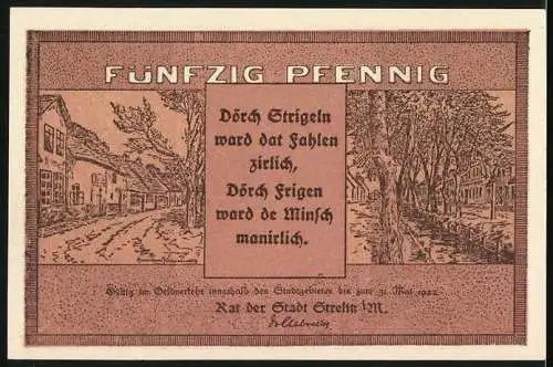 Notgeld Strelitz i. M. 1922, 50 Pfennig, Rathaus