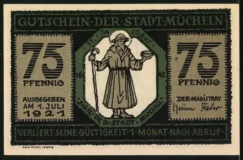 Notgeld Mücheln 1921, 75 Pfennig, An den 12 Apostelquellen