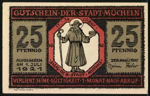 Notgeld Mücheln 1921, 25 Pfennig, Steinbild am Hause Markt 15