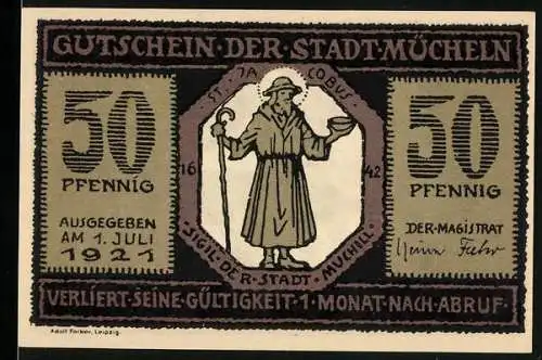 Notgeld Mücheln 1921, 50 Pfennig, St. Jacobus Sigil der Stadt Mücheln 1642