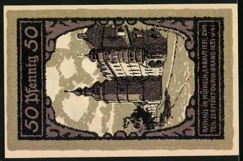 Notgeld Mücheln 1921, 50 Pfennig, St. Jacobus Sigil der Stadt Mücheln 1642