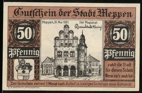 Notgeld Meppen 1921, 50 Pfennig, Rathaus, Wappen