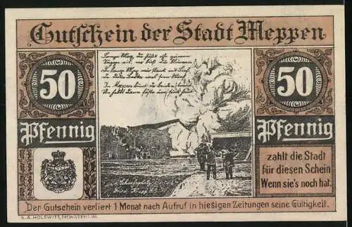 Notgeld Meppen 1921, 50 Pfennig, Rathaus, Wappen