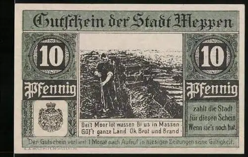 Notgeld Meppen 1921, 10 Pfennig, Rathaus und Torfstecher