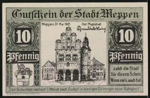 Notgeld Meppen 1921, 10 Pfennig, Rathaus und Torfstecher
