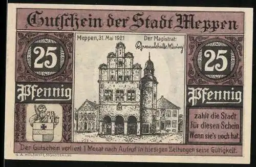 Notgeld Meppen 1921, 25 Pfennig, Rathaus, Wappen
