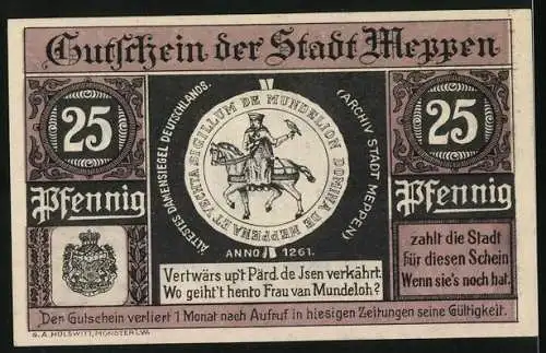 Notgeld Meppen 1921, 25 Pfennig, Rathaus, Wappen