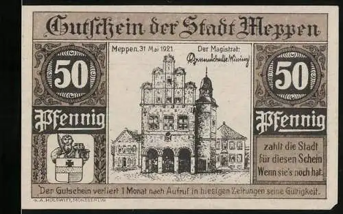 Notgeld Meppen 1921, 50 Pfennig, Rathaus, Wappen