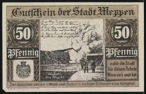 Notgeld Meppen 1921, 50 Pfennig, Rathaus, Wappen