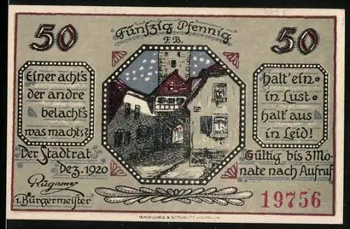 Notgeld Mainbernheim 1920, 50 Pfennig, Strassenpartie am Tor, Wappen