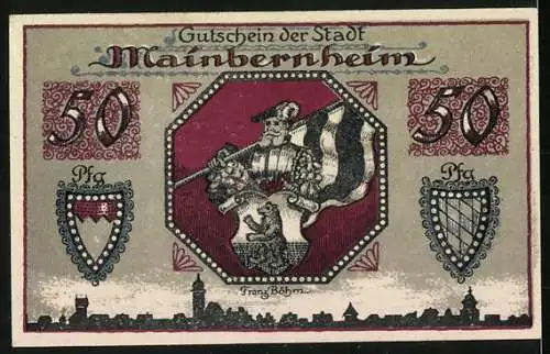 Notgeld Mainbernheim 1920, 50 Pfennig, Strassenpartie am Tor, Wappen