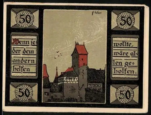 Notgeld Mainbernheim 1920, 50 Pfennig, Ortspartie mit kleinem Vogelschwarm