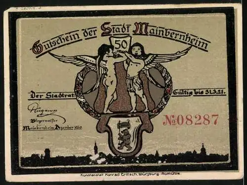 Notgeld Mainbernheim 1920, 50 Pfennig, Ortspartie mit kleinem Vogelschwarm