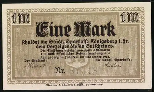 Notgeld Königsberg i. Fr. 1918, 1 Mark, Teilansicht mit Kirche