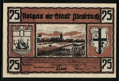 Notgeld Medebach 1921, 75 Pfennig, Ortspartie mit Kirche, Wappen
