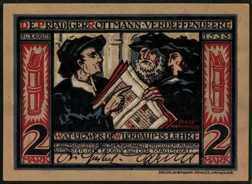 Notgeld Münster i. W. 1921, 2 Mark, Ian Bockelsons Nider in Leyden gebuorn...