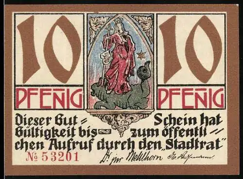 Notgeld Kahla /Thür. 1921, 10 Pfennig, Jenaisches Tor, Wappen