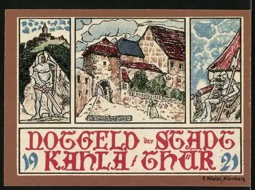 Notgeld Kahla /Thür. 1921, 10 Pfennig, Jenaisches Tor, Wappen
