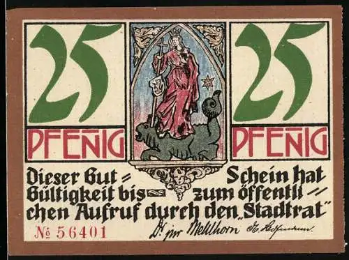 Notgeld Kahla /Thür. 1921, 25 Pfennig, Drei Bilder aus der Porzellanindustrie und Wappen