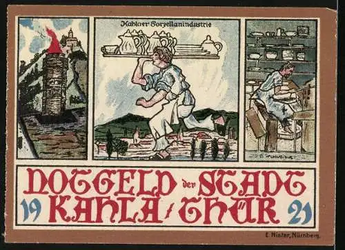 Notgeld Kahla /Thür. 1921, 25 Pfennig, Drei Bilder aus der Porzellanindustrie und Wappen