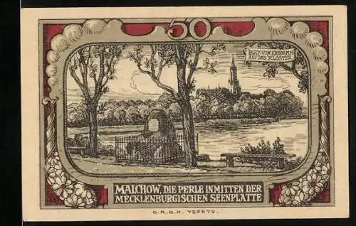 Notgeld Malchow in Mecklenburg, 50 Pfennig, Blick vom Erddamm auf das Kloster
