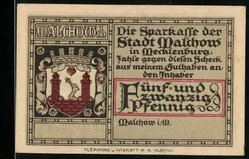 Notgeld Malchow in Mecklenburg, 25 Pfennig, Stadtwappen