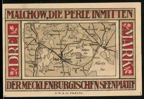 Notgeld Malchow in Mecklenburg, 3 Mark, Landkarte mit Waren, Plau und Müritz-See