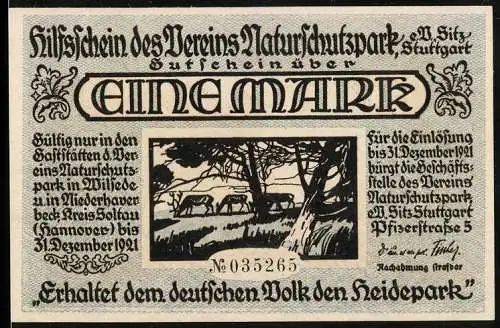 Notgeld Stuttgart 1921, 1 Mark, Die wilde Jagd auf dem Wilseder Berg a. D. 1692 nach einer alten Sage, Weidender Hirsch