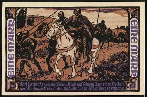 Notgeld Stuttgart 1921, 1 Mark, Karl der Grosse mit seinem Tross, Weidender Hirsch