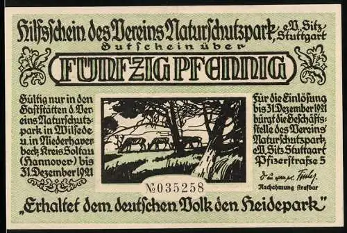Notgeld Stuttgart 1921, 25 Pfennig, Wildschütz Eibig mit Gewehr, Weidender Hirsch