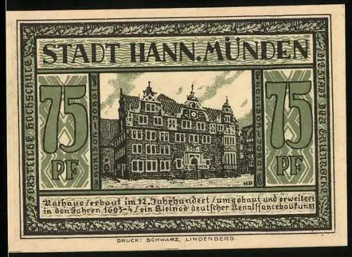 Notgeld Hannov.-Münden, 75 Pfennig, Rathaus