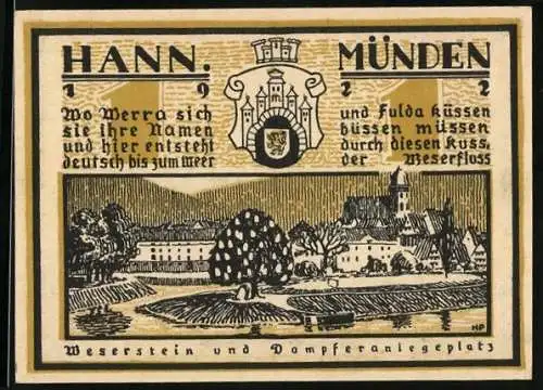 Notgeld Hannov.-Münden 1922, 1 Mark, Weserstein und Dampferanlegeplatz