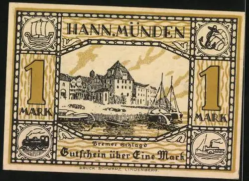 Notgeld Hannov.-Münden 1922, 1 Mark, Weserstein und Dampferanlegeplatz