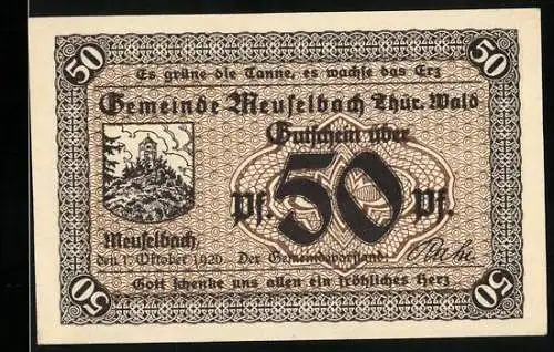Notgeld Meuselbach /Thür. Wald 1920, 50 Pfennig, Stadtwappen