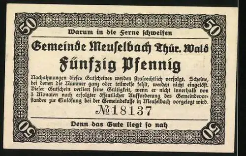 Notgeld Meuselbach /Thür. Wald 1920, 50 Pfennig, Stadtwappen