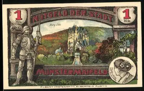 Notgeld Münstermaifeld 1921, 1 Mark, Burg Eltz mit Ritter