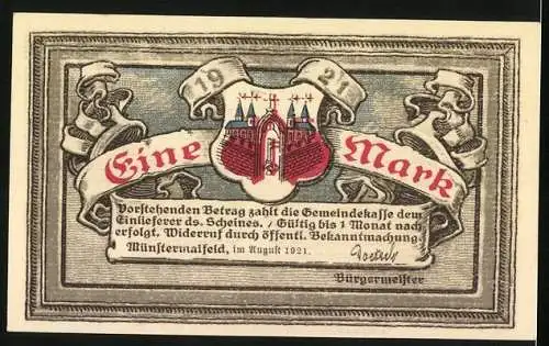 Notgeld Münstermaifeld 1921, 1 Mark, Burg Eltz mit Ritter