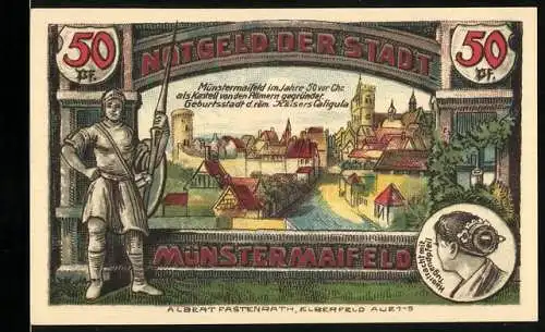 Notgeld Münstermaifeld 1921, 50 Pfennig, Teilansicht im Jahre 50 vor Chr. mit Krieger