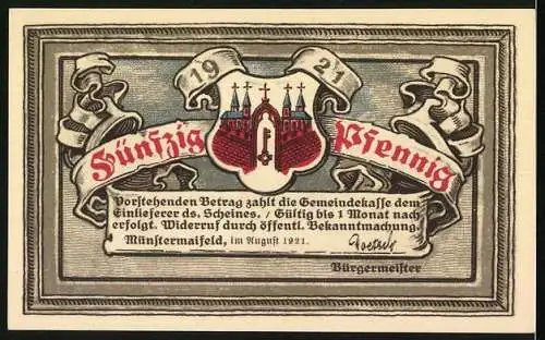 Notgeld Münstermaifeld 1921, 50 Pfennig, Teilansicht im Jahre 50 vor Chr. mit Krieger