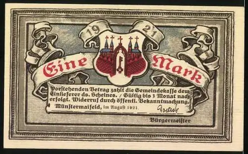 Notgeld Münstermaifeld 1921, 1 Mark, Stiftskirche, Peristerium a. d. 13. Jahrhundert