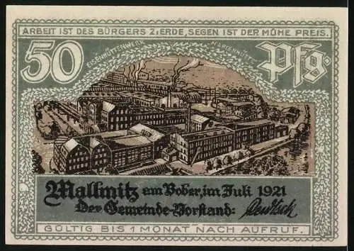 Notgeld Mallmitz am Bober 1921, Dampfer Die Möwe in Fahrt, Nikol Burggraf Zv. Dohna Mallmitz