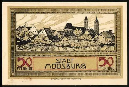 Notgeld Moosburg, 50 Pfennig, Teilansicht mit Kirche, Wappen