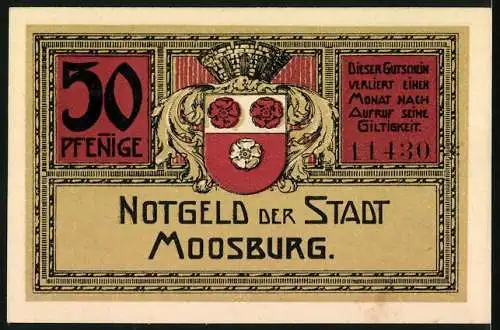 Notgeld Moosburg, 50 Pfennig, Teilansicht mit Kirche, Wappen