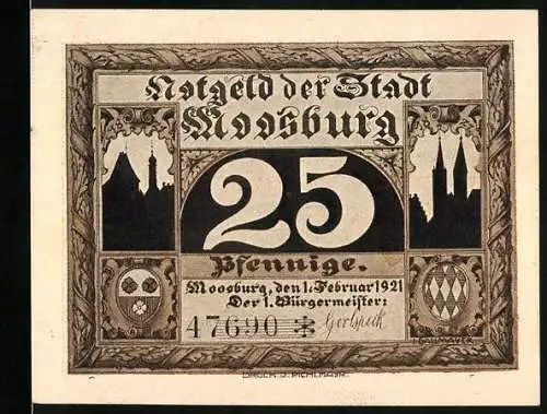 Notgeld Moosburg 1921, 25 Pfennig, Münchenertor, Wappen