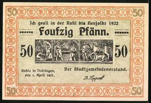 Notgeld Ruhla in Thüringen 1921, 50 Pfennig, Sich streitende Bürger